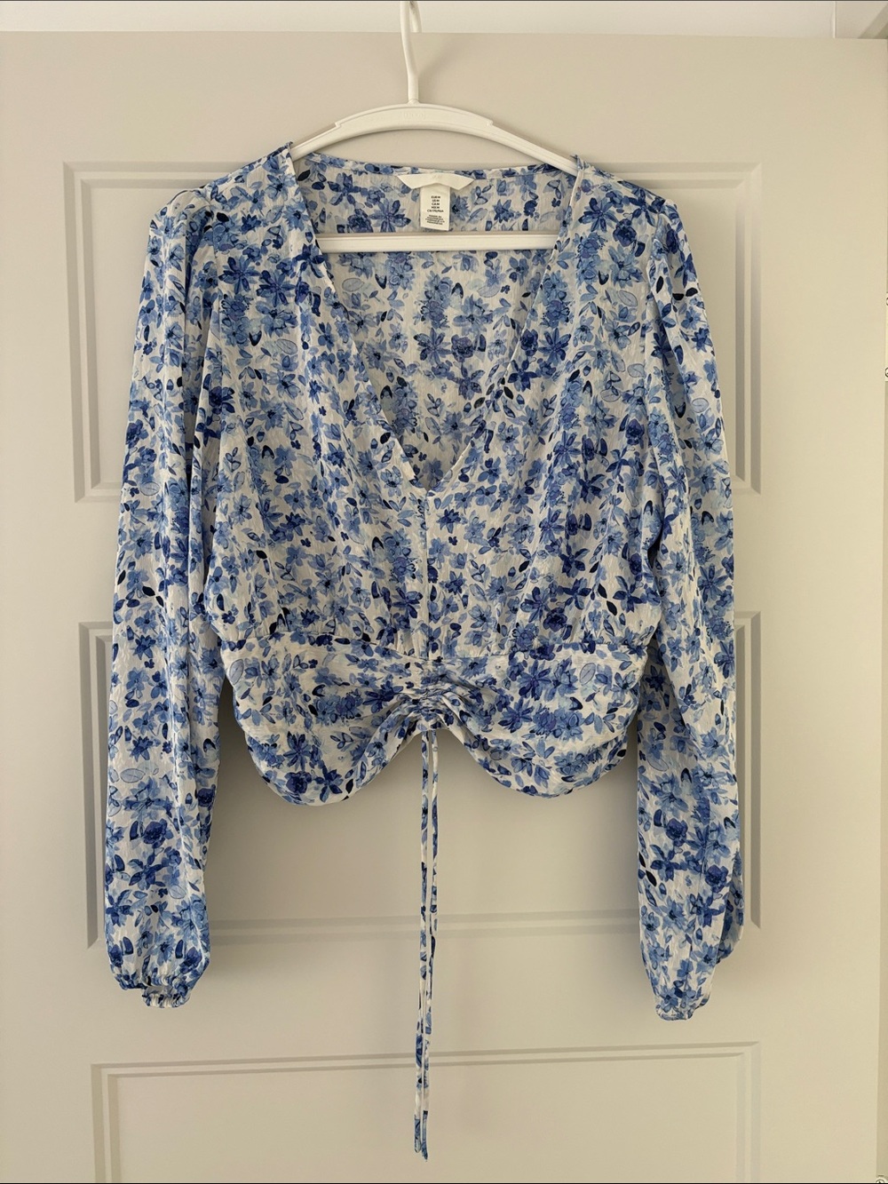 H&M Blue and White Floral Drawstring V-Neck Blouse